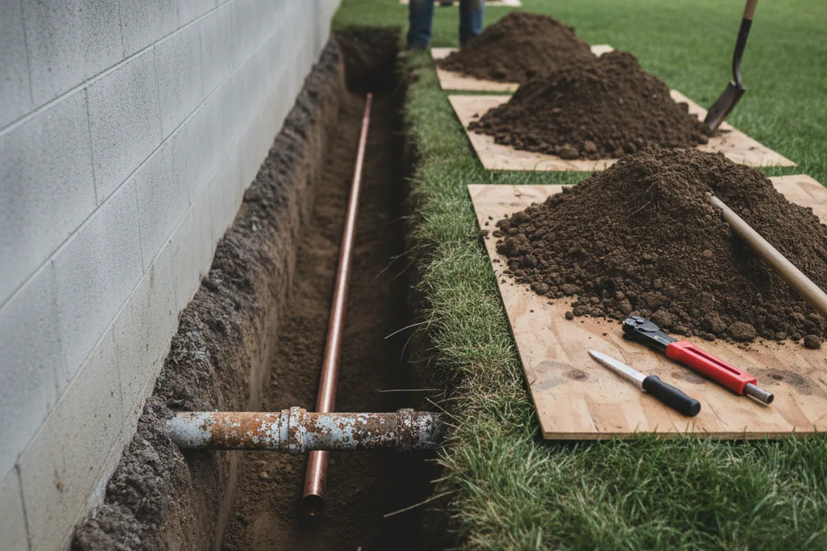 Excavated water line trench during Water Heater Repair in Winfield